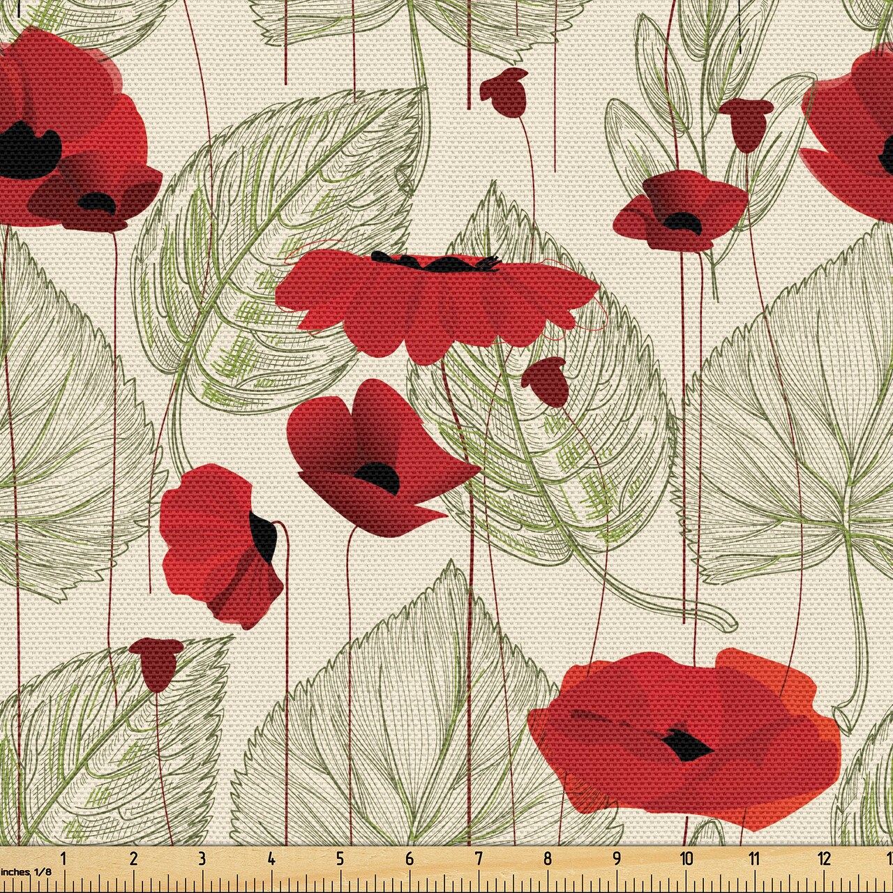 Ambesonne Poppy Flower Fabric by the Yard, Sketchy Tree Leaves Rural Floral Growth Botany Nature Inspired, Decorative Fabric for Upholstery and Home Accents, 1 Yard, Scarlet Fern Green Beige